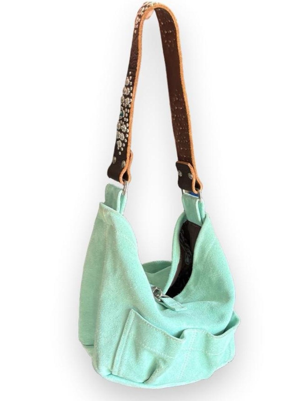 Tylie Malibu Bag Classic Utility Aqua Suede Leather w/ Stud & Crystal Accents